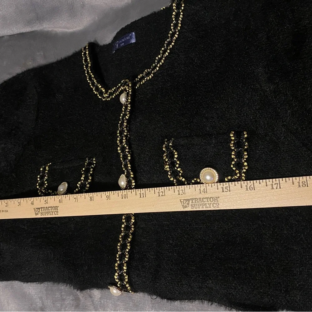 Snowflake brand women’s black cardigan Sz S/M pearl and gold buttons sweater